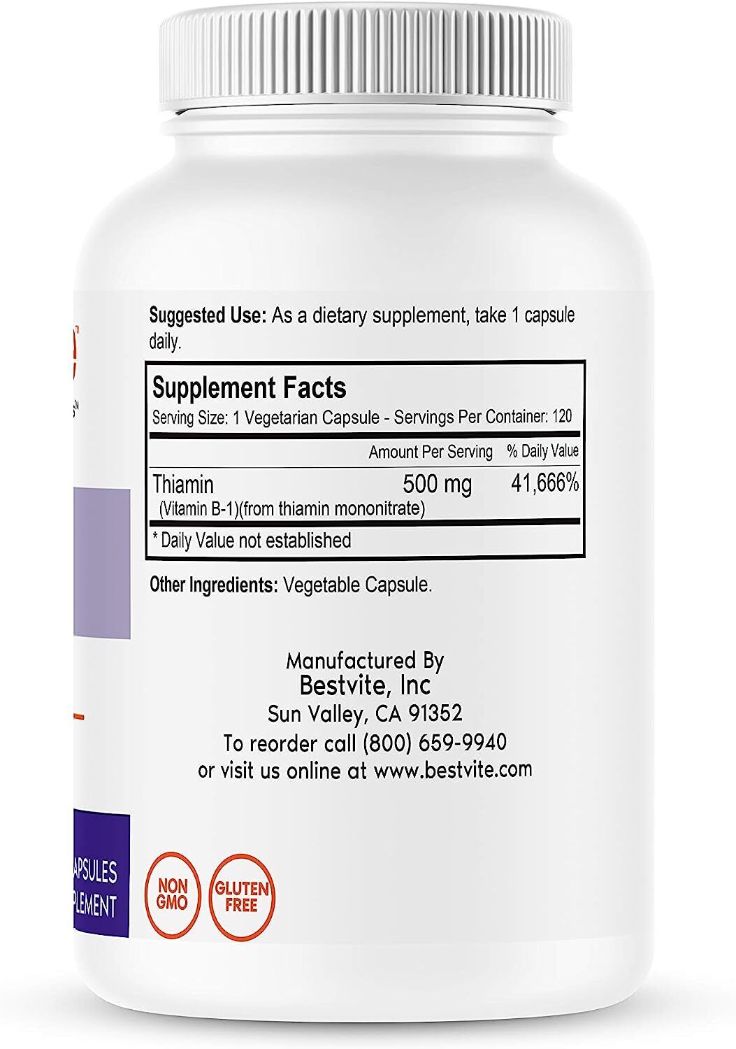 Vitamin B-1 (Thiamin) 500mg (120 Vegetarian Capsules) - No Stearates - Vegan 