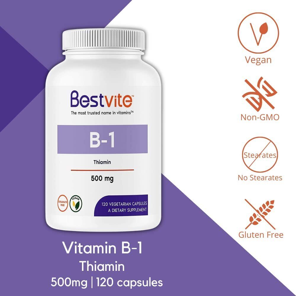 Vitamin B-1 (Thiamin) 500mg (120 Vegetarian Capsules) - No Stearates - Vegan 