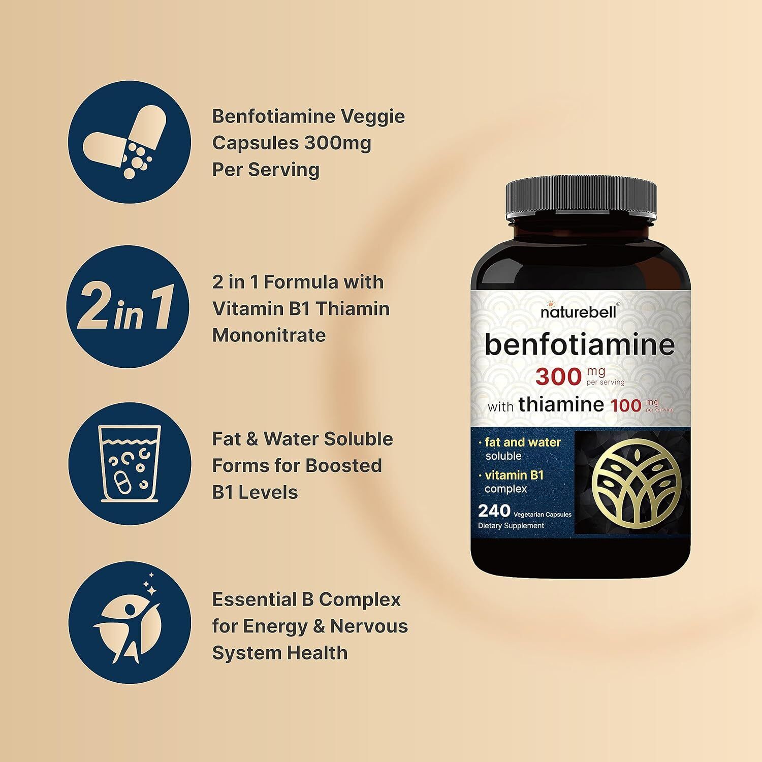 Benfotiamine 300Mg | 240 Veggie Capsules, Essential B1 Benfotiamine Supplement..