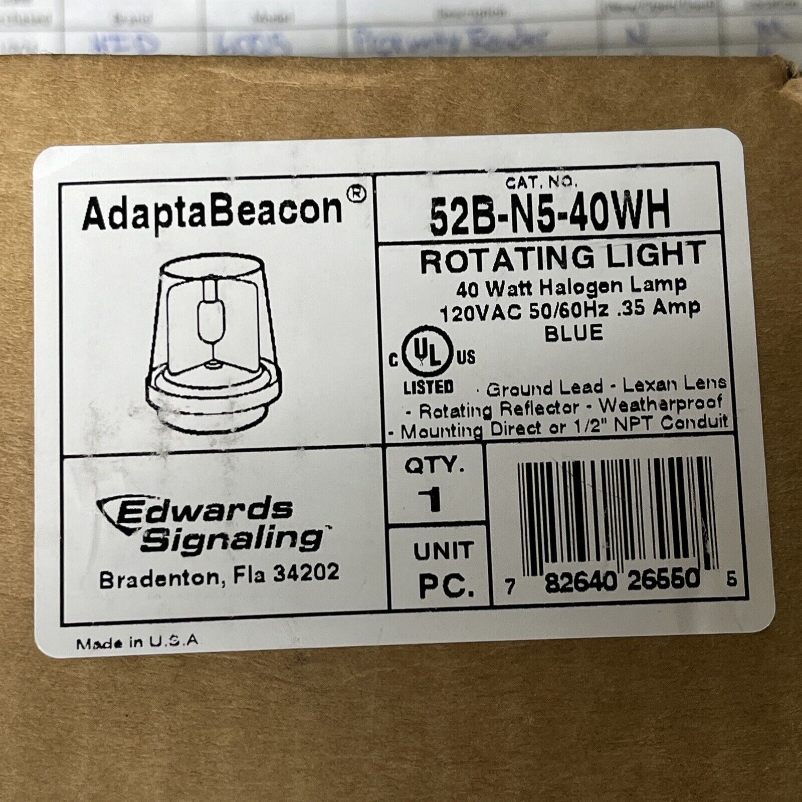 Edwards Signaling52B-N5-40WH 120VAC 265 Lumens Blue Rotating Warning Light