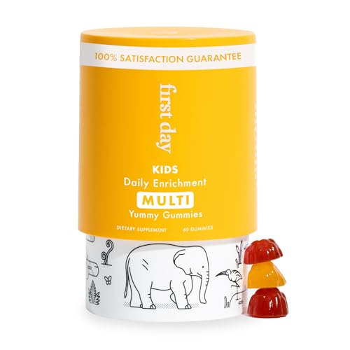 FIRST DAY Kids Daily Multivitamin Gummies – Vitamin A, D3, B6, B12, C, K2 & More to Support Growth, Brain Function, Immunity – Made w/Organic Fruits & Veggies, Only 2g Sugar – 30 Day Supply