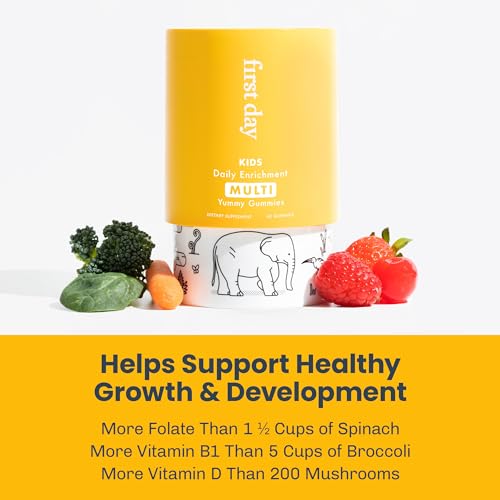 FIRST DAY Kids Daily Multivitamin Gummies – Vitamin A, D3, B6, B12, C, K2 & More to Support Growth, Brain Function, Immunity – Made w/Organic Fruits & Veggies, Only 2g Sugar – 30 Day Supply