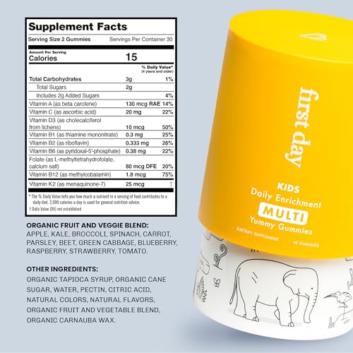 FIRST DAY Kids Daily Multivitamin Gummies – Vitamin A, D3, B6, B12, C, K2 & More to Support Growth, Brain Function, Immunity – Made w/Organic Fruits & Veggies, Only 2g Sugar – 30 Day Supply