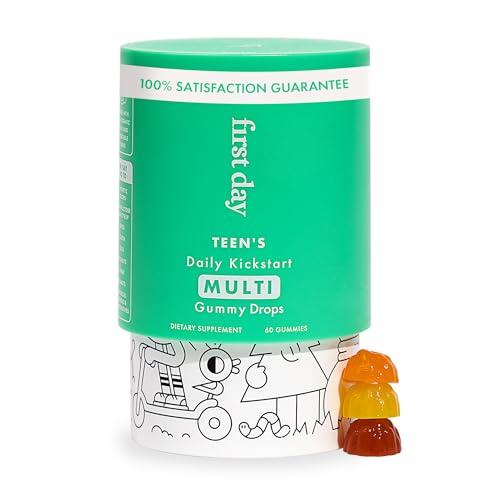 FIRST DAY Teens Daily Kickstart Multivitamin Gummies for Ages 14+ – Vitamins A, B1, B2, B6, E, B12, C, D3 & K2 + Zinc & Folate – Made w/Organic Fruits & Veggies, Only 2g Sugar – 30 Day Supply