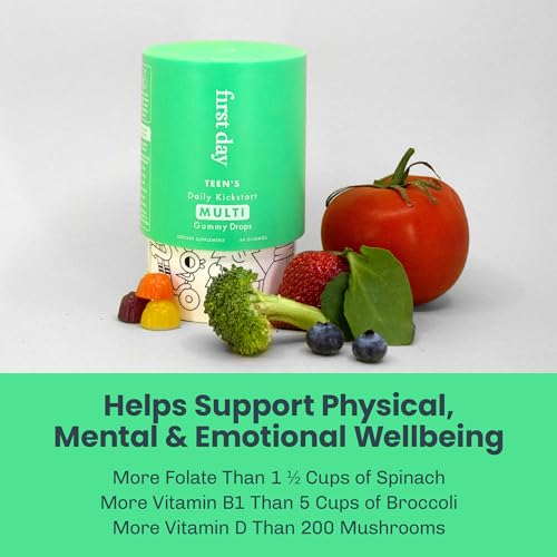 FIRST DAY Teens Daily Kickstart Multivitamin Gummies for Ages 14+ – Vitamins A, B1, B2, B6, E, B12, C, D3 & K2 + Zinc & Folate – Made w/Organic Fruits & Veggies, Only 2g Sugar – 30 Day Supply