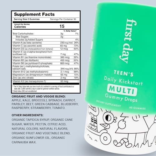 FIRST DAY Teens Daily Kickstart Multivitamin Gummies for Ages 14+ – Vitamins A, B1, B2, B6, E, B12, C, D3 & K2 + Zinc & Folate – Made w/Organic Fruits & Veggies, Only 2g Sugar – 30 Day Supply