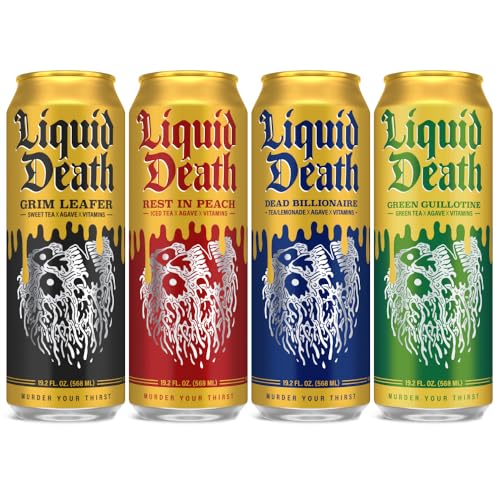 Liquid Death, Iced Tea Variety Pack (Grim Leafer, Rest in Peach, Dead Billionaire, and Green Guillotine), Tea Sweetened With Real Agave, B12 & B6 Vitamins, Low Calorie, 12-Pack (King Size 19.2oz Cans)