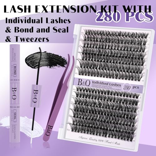 B&Q Lash Extension Kit for Beginners 280pcs Eyelash Extension Kit 40D+50D 9-16 Mixed Lash Clusters Kit D Curl Lash Kit with Lash Bond and Seal Individual Lashes Kit DIY (KIT,40D+50D-D-9-16MIX)