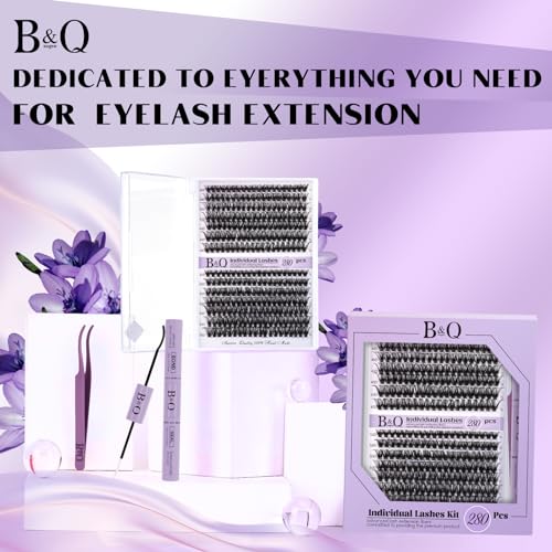 B&Q Lash Extension Kit for Beginners 280pcs Eyelash Extension Kit 40D+50D 9-16 Mixed Lash Clusters Kit D Curl Lash Kit with Lash Bond and Seal Individual Lashes Kit DIY (KIT,40D+50D-D-9-16MIX)