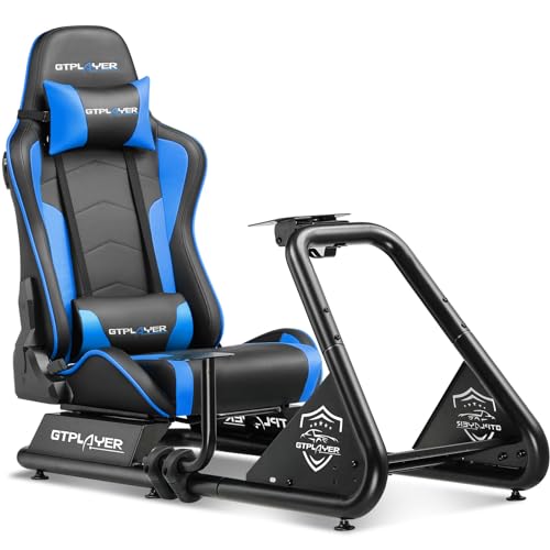 GTPLAYER Racing Simulator Cockpit with Seat and Bluetooth Speakers, Racing Style Reclining Seat and Ultra-Sturdy Alloy Steel Frame, A/B Box (Blue)