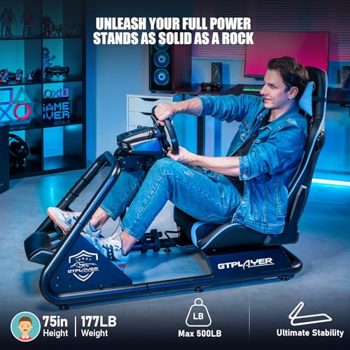 GTPLAYER Racing Simulator Cockpit with Seat and Bluetooth Speakers, Racing Style Reclining Seat and Ultra-Sturdy Alloy Steel Frame, A/B Box (Blue)