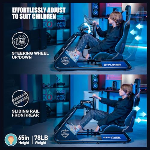GTPLAYER Racing Simulator Cockpit with Seat and Bluetooth Speakers, Racing Style Reclining Seat and Ultra-Sturdy Alloy Steel Frame, A/B Box (Blue)