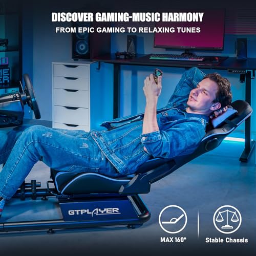GTPLAYER Racing Simulator Cockpit with Seat and Bluetooth Speakers, Racing Style Reclining Seat and Ultra-Sturdy Alloy Steel Frame, A/B Box (Blue)