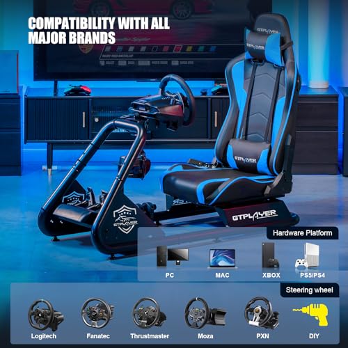 GTPLAYER Racing Simulator Cockpit with Seat and Bluetooth Speakers, Racing Style Reclining Seat and Ultra-Sturdy Alloy Steel Frame, A/B Box (Blue)