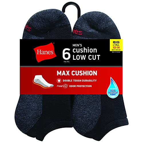 Hanes mens Socks, 6-pair Pack B T Max Cushion Low Cut, Black/Grey Foot Bottom, 12 14 US