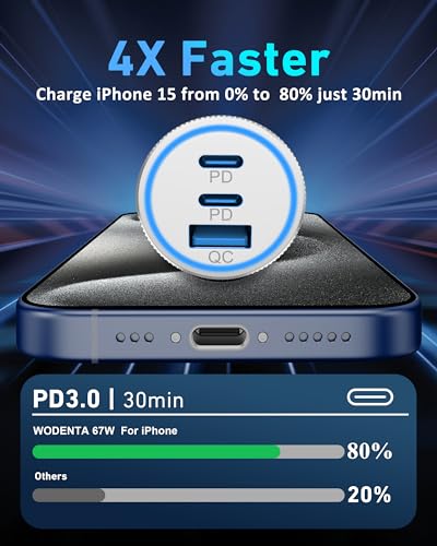 WODENTA iPhone 15/15 Pro Max Car Charger, 67W 3-Port Fast USB C Car Charger Power Cigarette Lighter Adapter with 3FT USB C to C Cable for iPhone 15/15 Plus/15 Pro Max, iPad Pro/Air/Mini, AirPods Pro