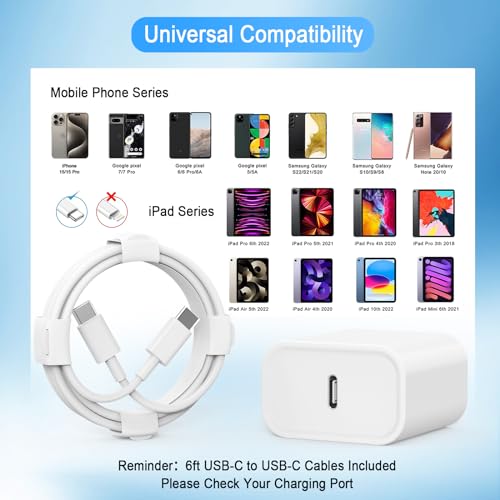 iPhone 15 USB C Charger, 20W USB C Fast Wall Charger Block with 6 FT USB-C to C Cable for Phone 15/15 Plus/15 Pro/15 Pro Max/Pad Pro/Air/Mini, Galaxy