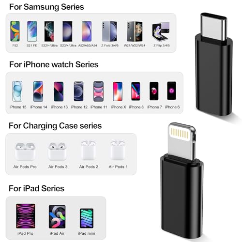 xiwxi【2*Lightning Female to USB C Male Charger Converter&【2*Type C Female to Lightning Male Adapter】 for iPhone 15 Pro Max Plus/14 13 12,Samsung,iPad Air,PD Fast Charging&Data Transfer,Not Audio/OTG