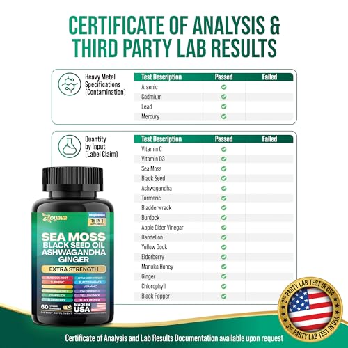 Sea Moss 7000mg Black Seed Oil 4000mg Ashwagandha 2000mg Turmeric 2000mg Bladderwrack 2000mg Burdock 2000mg & Ginger Vitamin C Vitamin D3 with Elderberry Manuka Dandelion Yellow Dock Chlorophyll ACV