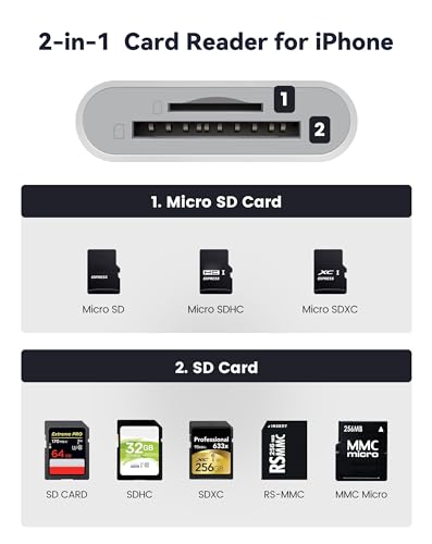 SD Card Reader for iPhone iPad, Dual Connector (Lightning&USB-C) Micro SD Memory Card Reader, 2 in 1 SD and TF Card Adapter Portable Trail Camera Viewer, No Driver Needed, Plug and Play