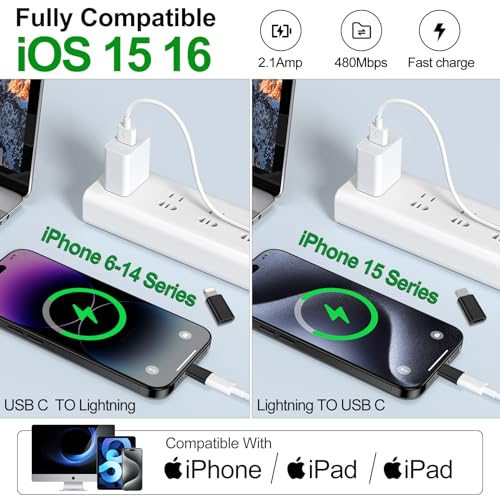 xiwxi【2*Lightning Female to USB C Male Charger Converter&【2*Type C Female to Lightning Male Adapter】 for iPhone 15 Pro Max Plus/14 13 12,Samsung,iPad Air,PD Fast Charging&Data Transfer,Not Audio/OTG