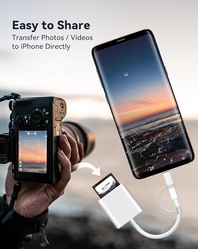 SD Card Reader for iPhone iPad, Dual Connector (Lightning&USB-C) Micro SD Memory Card Reader, 2 in 1 SD and TF Card Adapter Portable Trail Camera Viewer, No Driver Needed, Plug and Play