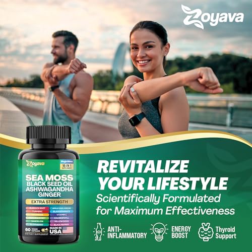 Sea Moss 7000mg Black Seed Oil 4000mg Ashwagandha 2000mg Turmeric 2000mg Bladderwrack 2000mg Burdock 2000mg & Ginger Vitamin C Vitamin D3 with Elderberry Manuka Dandelion Yellow Dock Chlorophyll ACV