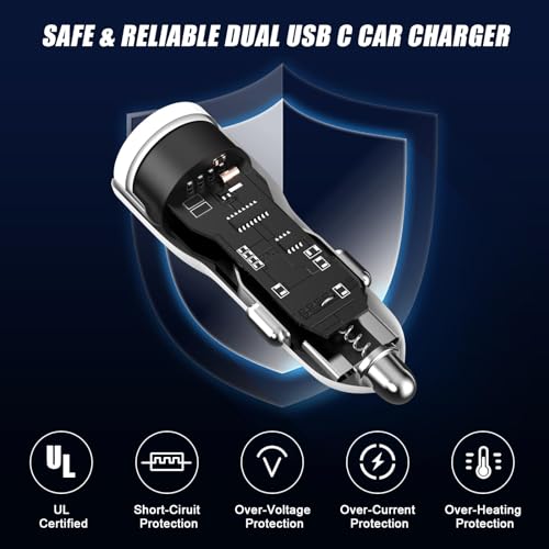 USB C Car Charger Adapter, 40W Dual USB C Car Charger Cigarette Lighter with 2 Pack Type C to C Fast Charging Cable for iPhone 15/15 Plus/15 Pro/15 Pro Max, Galaxy S24/S23/S22/S21, iPad Pro/Air/Mini