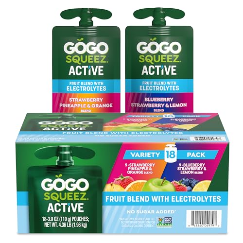 GoGo squeeZ Active Fruit Blend with Electrolytes | 18-Count Variety Pack | Blueberry Strawberry Lemon & Strawberry Pineapple Orange | Made with Real Fruit and Antioxidants Vitamin A, Vitamin E, & Vitamin C​