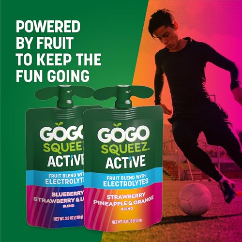 GoGo squeeZ Active Fruit Blend with Electrolytes | 18-Count Variety Pack | Blueberry Strawberry Lemon & Strawberry Pineapple Orange | Made with Real Fruit and Antioxidants Vitamin A, Vitamin E, & Vitamin C​