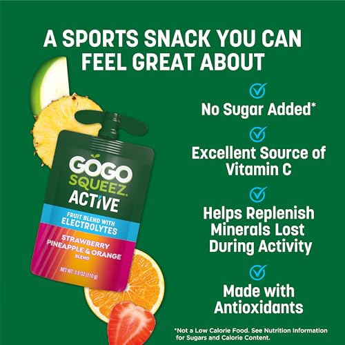 GoGo squeeZ Active Fruit Blend with Electrolytes | 18-Count Variety Pack | Blueberry Strawberry Lemon & Strawberry Pineapple Orange | Made with Real Fruit and Antioxidants Vitamin A, Vitamin E, & Vitamin C​