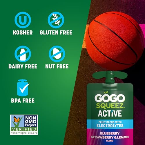 GoGo squeeZ Active Fruit Blend with Electrolytes | 18-Count Variety Pack | Blueberry Strawberry Lemon & Strawberry Pineapple Orange | Made with Real Fruit and Antioxidants Vitamin A, Vitamin E, & Vitamin C​