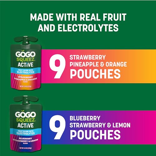 GoGo squeeZ Active Fruit Blend with Electrolytes | 18-Count Variety Pack | Blueberry Strawberry Lemon & Strawberry Pineapple Orange | Made with Real Fruit and Antioxidants Vitamin A, Vitamin E, & Vitamin C​