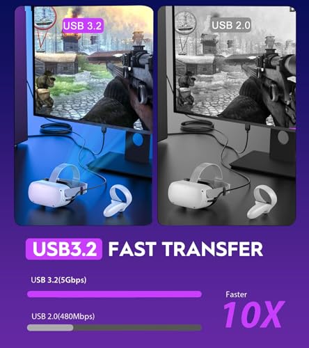 YRXVW Link Cable 16FT for Meta Oculus Quest 3/2/Pro, High-Speed Data Transfer Charging Cord Cable, USB 3.2 A to C Charger Wire for Oculus Quest VR Headsets Gaming PC/Steam VR (10FT)