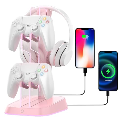 Gaming RGB Headphones Stand, Headset Stand with Colorful Light Modes-Controller Holder with 2 USB Charging Ports and Type-c-Earphone Hanger Accessories for Desktop Gamer (Pink)