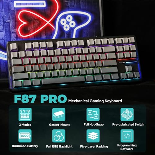 EPOMAKER x Aula F87 Pro Wireless Gasket Mechanical Keyboard, TKL 3 Modes(Bluetooth/2.4ghz Wireless/Tpye-C) Gaming Keyboard, Hot Swappable, Side Printed PBT Keycaps (Black Grey, Graywood V4 Switch)