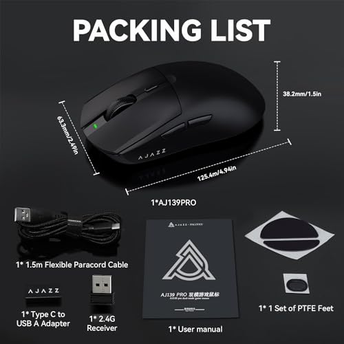 A.JAZZ AJ139 G Pro 4K Wireless Gaming Mouse Ultra-Lightweight with Dual Mode-Type C Wired/2.4Ghz USB Receiver up to 26000DPI 6 Programmable Button Ergonomic Symmetric for PS4 Xbox PC Mac Gamer(Black)