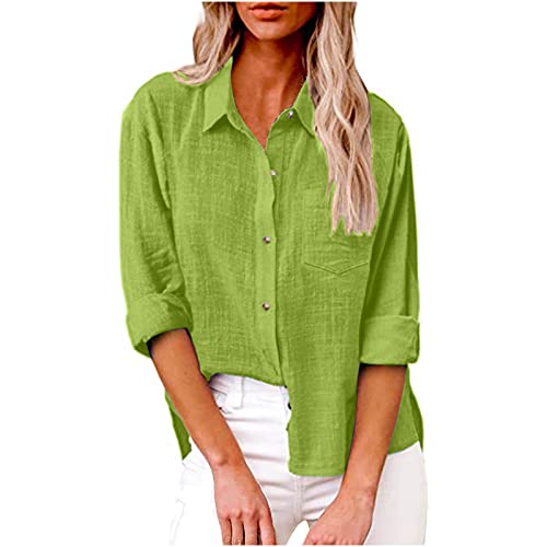 SMIDOW Womens Cotton Linen Button Down Shirt, #C-mint Green, Large