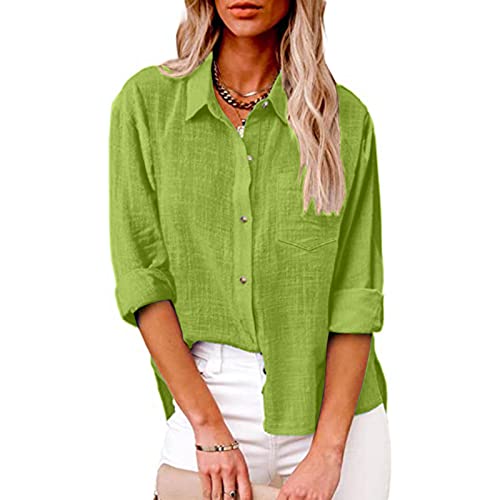 SMIDOW Womens Cotton Linen Button Down Shirt, #C-mint Green, Large