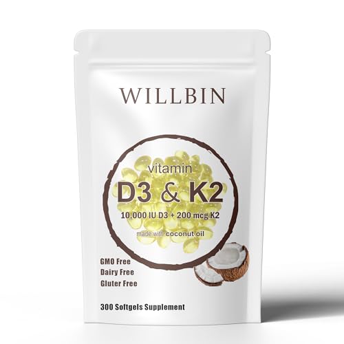 Willbin 2-in-1 Vitamin D3 K2 Supplement Softgel, 10000 IU VIT D3 + 200 MCG Vitamin K2, Free of GMO, Gluten, Soy, Bone Health, Cardiovascular Health Support, Aiding in Calcium Absorption, 300 Pcs