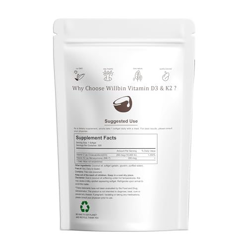 Willbin 2-in-1 Vitamin D3 K2 Supplement Softgel, 10000 IU VIT D3 + 200 MCG Vitamin K2, Free of GMO, Gluten, Soy, Bone Health, Cardiovascular Health Support, Aiding in Calcium Absorption, 300 Pcs