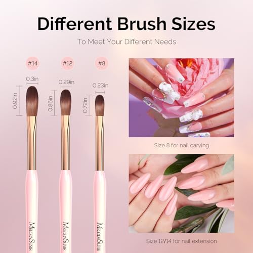 MelodySusie 3Pcs Acrylic Nail Brush Set, Size 8/12/14 Professional Nail Brushes for Acrylic Application Acrylic Powder Nail Extension and 3D Nail Carving for DIY Home Salon Nail Manicure Tool