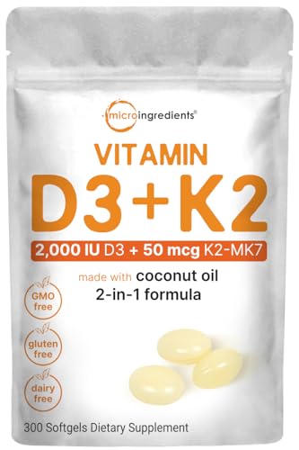Vitamin D3 2,000 iu Plus K2 (MK-7) 50 mcg, 300 Virgin Coconut Oil Softgels | 2 in 1 Vitamins D & K Complex | Supports Calcium Absorption, Bone, Immune, & Heart Health – Easy to Swallow