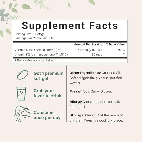 Vitamin D3 2,000 iu Plus K2 (MK-7) 50 mcg, 300 Virgin Coconut Oil Softgels | 2 in 1 Vitamins D & K Complex | Supports Calcium Absorption, Bone, Immune, & Heart Health – Easy to Swallow