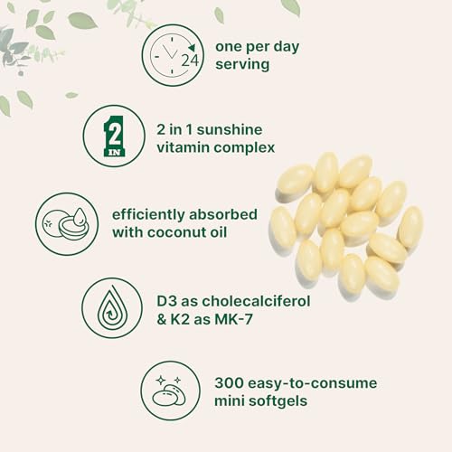Vitamin D3 2,000 iu Plus K2 (MK-7) 50 mcg, 300 Virgin Coconut Oil Softgels | 2 in 1 Vitamins D & K Complex | Supports Calcium Absorption, Bone, Immune, & Heart Health – Easy to Swallow