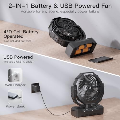 FRIZCOL Battery Operated Fan [200H Max], 2 IN 1 D-Cell Battery & USB Powered Fan, Portable Camping Fan with 4 Speeds, Light, Timer, Remote for Outdoor Tent, Travel, Picnic, Office, Bedroom - Black