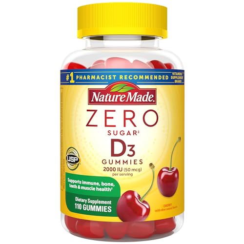 Nature Made Zero Sugar Vitamin D3 Gummies 2000 IU (50 mcg) per Serving, Immune, Bone, Teeth & Muscle Support Supplement, 110 Sugar Free Vitamin D Gummies, 55 Day Supply