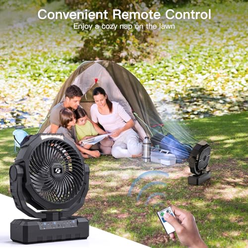 FRIZCOL Battery Operated Fan [200H Max], 2 IN 1 D-Cell Battery & USB Powered Fan, Portable Camping Fan with 4 Speeds, Light, Timer, Remote for Outdoor Tent, Travel, Picnic, Office, Bedroom - Black