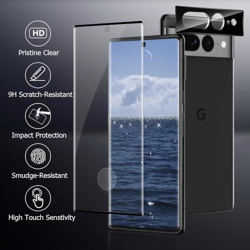 [2+2 Pack] for Google Pixel 7 Pro Screen Protector Include 2 Pack Tempered Glass Screen Protector +2 Pack Tempered Glass Camera Lens Protector,9H Hardness ，3D Curved for Google Pixel 7 Pro 5G