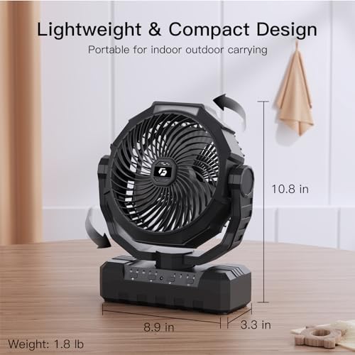 FRIZCOL Battery Operated Fan [200H Max], 2 IN 1 D-Cell Battery & USB Powered Fan, Portable Camping Fan with 4 Speeds, Light, Timer, Remote for Outdoor Tent, Travel, Picnic, Office, Bedroom - Black